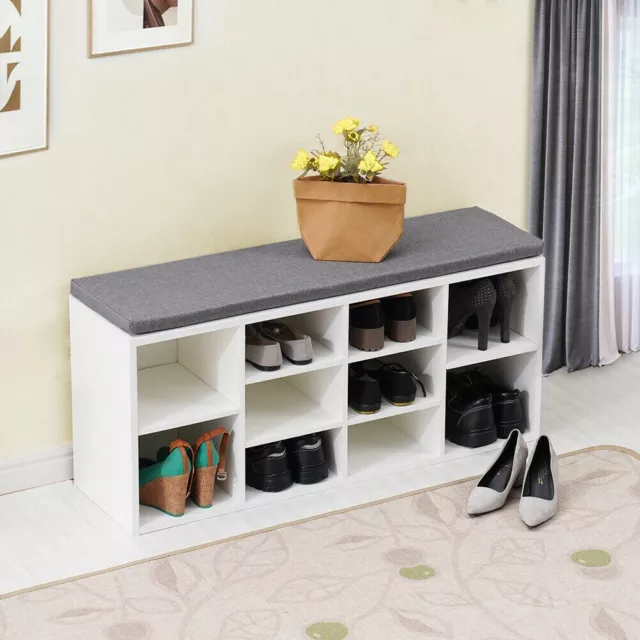 White Shoe Storage Bench Cabinet Ottoman Padded Seat Organizer Shelves Adjusting