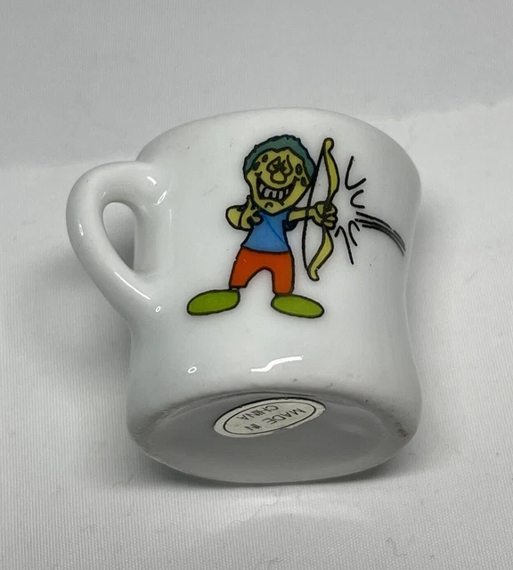White Porcelain Small Mug  of Archer Bow Arrow Target 1-1/4" Tall