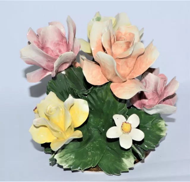 Vintage Capodimonte Rose Bouquet Yellow Pink Flower Arrangement Centerpiece