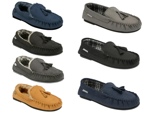 Dunlop Mens Moccasin Slippers Loafers Faux Suede Warm Lined Outdoor Sole 'Duke'