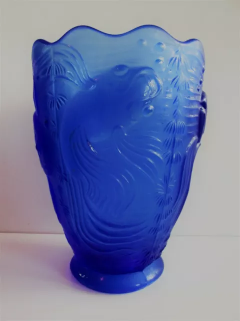 Vintage J.Inwald Barolac Czech/Bohemian Blue Pressed Glass Vase ART DECO Fish