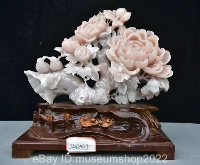 14.2" Chinese Natural Pink Xiu Jade Jadeite Carved Mandarin Duck Flowers Statue