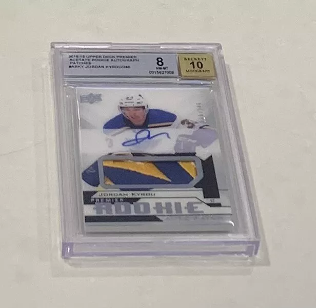 Jordan Kyrou BGS 8 NM-MT W/ 10 AU Signed Premier 3 Color Rookie Patch Card /249