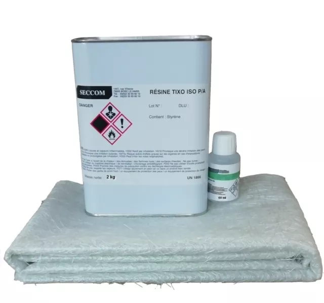 Kit 2 kg Résine polyester ISO + 60 ml catalyseur + 2 M² MAT 300 g/m² + pipette