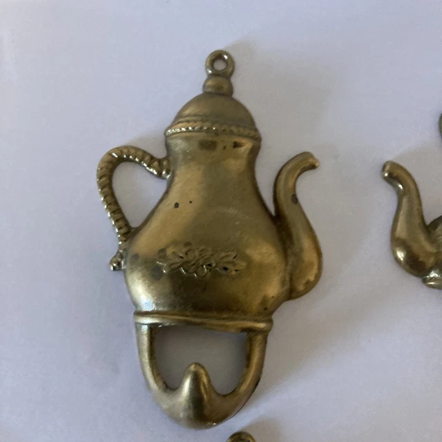 4 Brass Teapot ,coffee Wall Hook Kettle Decorative Ornate Hanger 3" Vintage 2