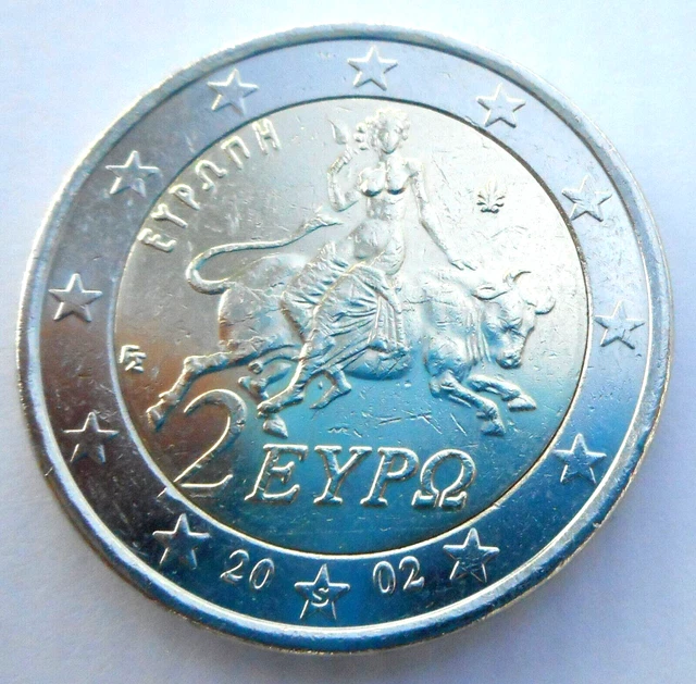 Pièce de 2 euros grecque 2002 avec un S dans l étoile du bas. En bon état.