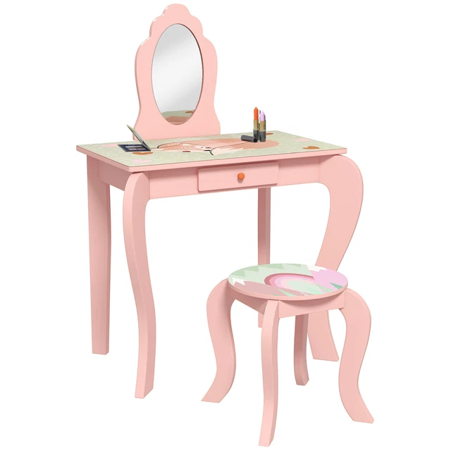 ZONEKIZ Toeletta Bambini con Cassetto Sgabello Specchio, Carino Design Animale, Rosa