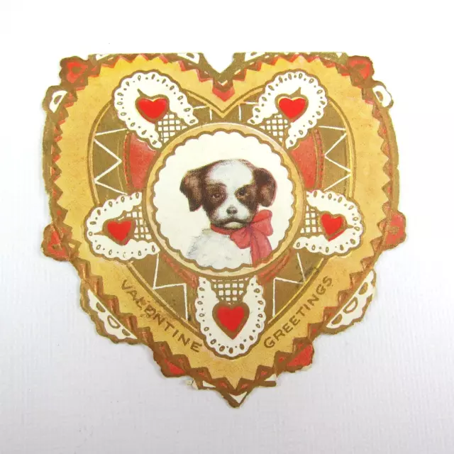 Vintage Valentine Card Die cut Dog Brown White Brittany Spaniel Puppy Red Hearts