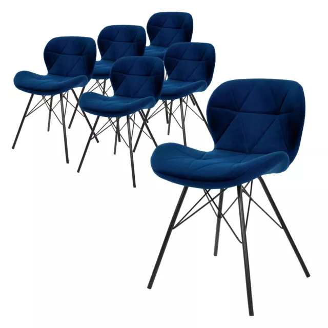 Juego 6 sillas de comedor / salón de terciopelo azul con patas de acero 74 cm