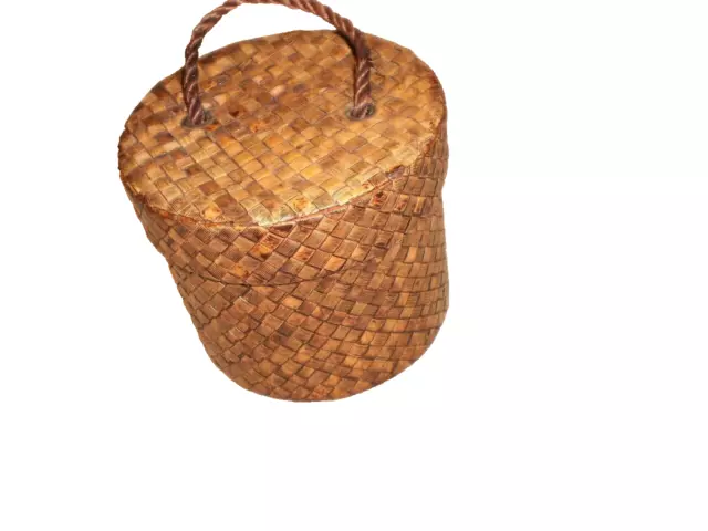 vintage Round Seagrass Woven Small Basket with lid and rope handle