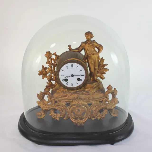 Antique Constantine Detouche gilt metal eight day regulator clock w glass dome