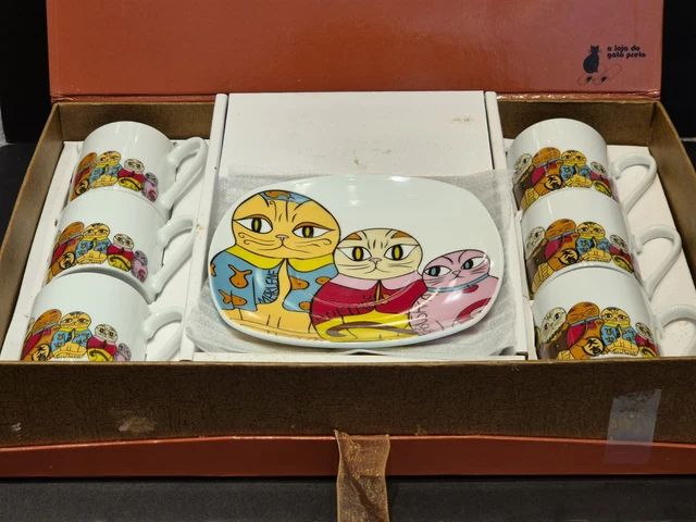 Lot 6 Tasses à Café Espresso Ramos – Art Déco Chat, Neuves, Multicolores