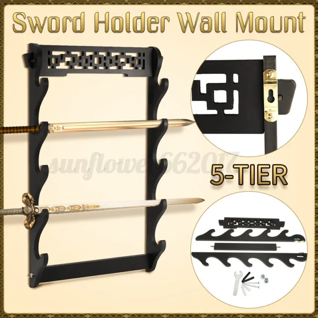 Wall Mounted 5 Tier Sword Display Rack Stand Holder Hanger Bracket Black Martial