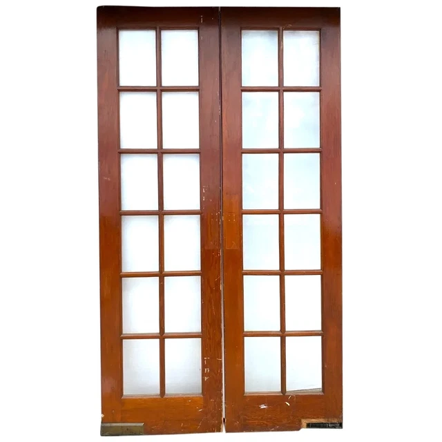 Antique American Pine and Glass Pane Interior Double French Swing Doors c. 1908