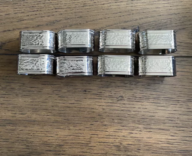 SET OF 8 SILVER PLATED ON BRASS 2”Hammered Oblong Oval Napkin Rings Hong Kong
