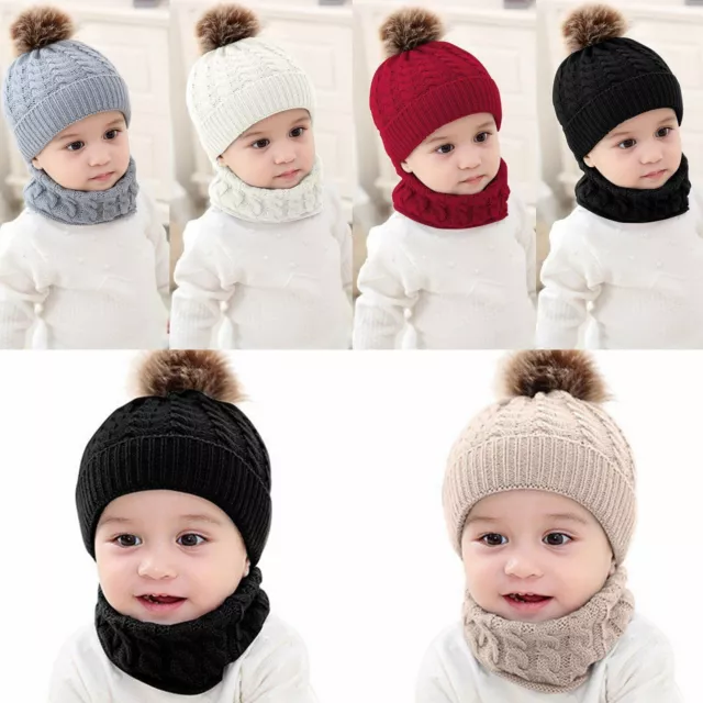 Toddler Kids Baby Boy Girl Winter Warm Knitted Crochet Beanie Hat Cap Scarf Set