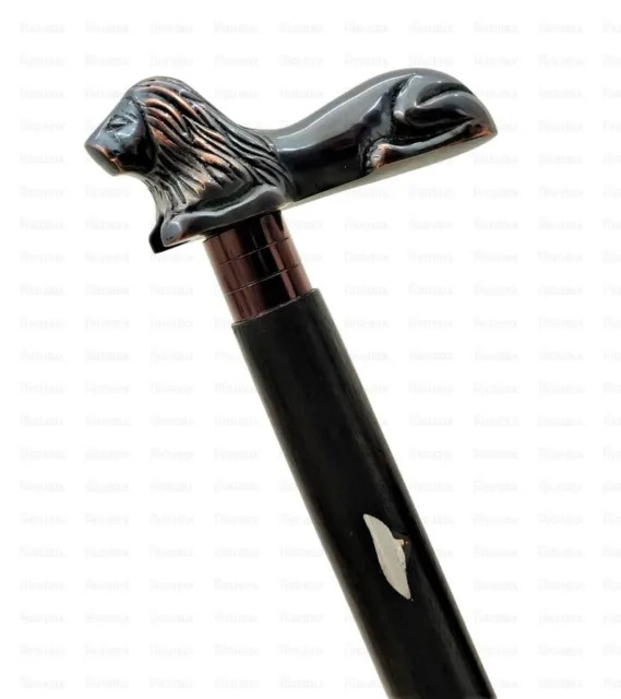 Three Fold Hand Made Gift Designer Lion Head Black Antique Walking Cane Stick