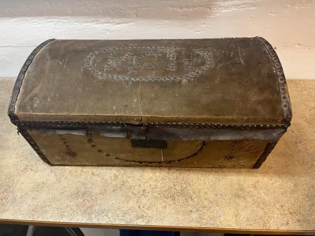 19th Century Hide-Covered Stagecoach Box/Trunk w/ Brass Tacks & Iron Hardware