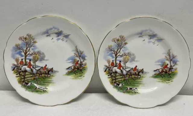 Regency English Horse & Hound Fox Hunting Scene Saucer Set Of 2  Pre Owned