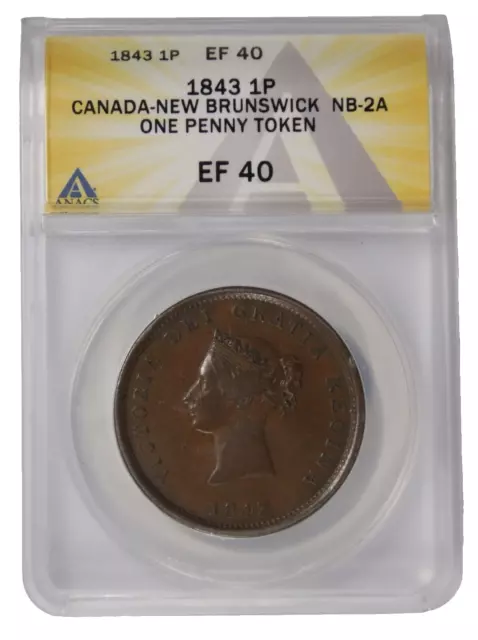 1843 Canada - New Brunswick One Penny Bank Token NB-2A ANACS EF40 KM# 2