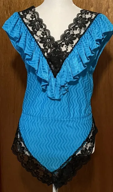 Vintage 80s Lady Cameo Dallas Turquoise Lace Nylon Bodysuit Teddy Lingerie M