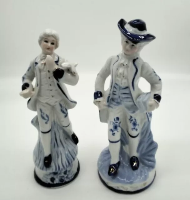 Vintage Victorian Style Ceramic 2 Man Figurine  White/Blue 19cm each