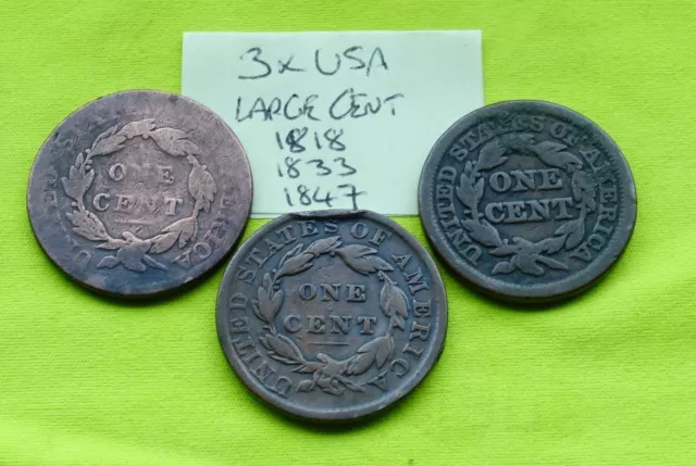 3x 1818 1833 1847  1 Large CENT - USA American Combine postage 2