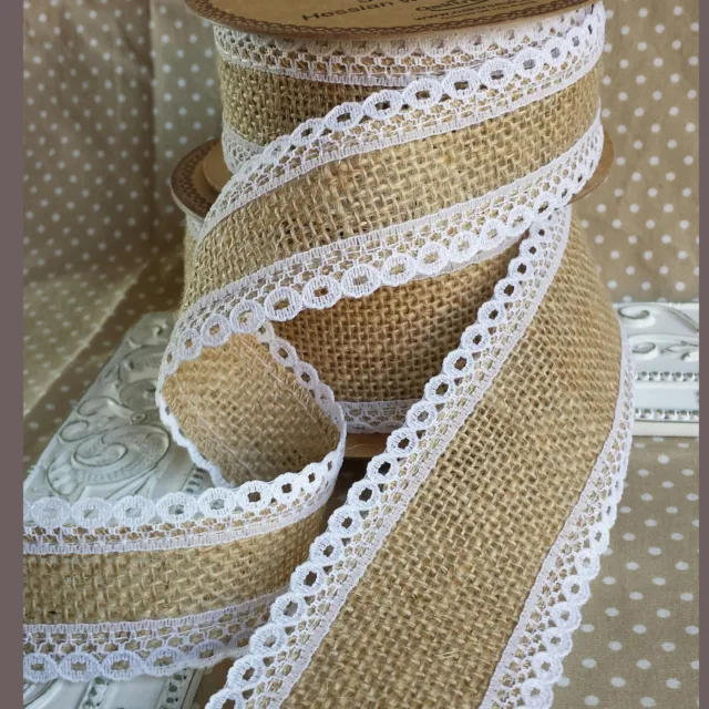 Half Metre of 36, 50mm Jute Hessian Ribbon & White Lace. Jam Jar Bridal Wedding