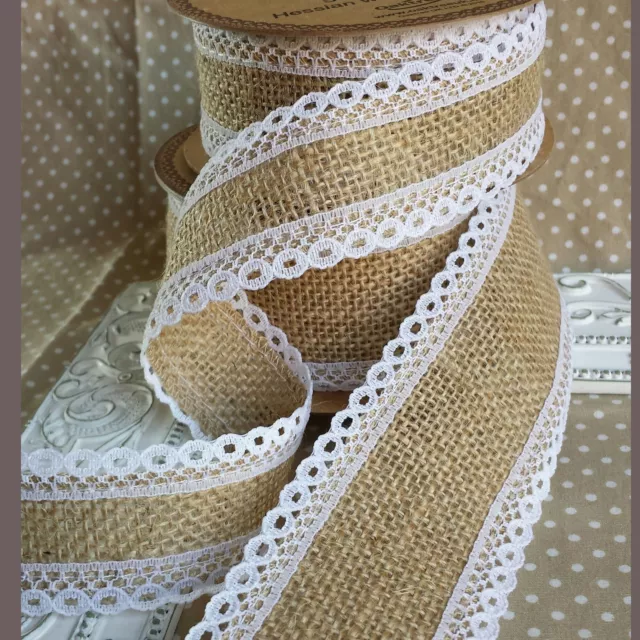 Natural Hessian / Jute Ribbon with White Lace Edge. Bridal Wedding Vintage Bow