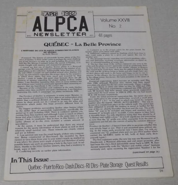 April 1982 ALPCA license plate newsletter magazine Quebec plates