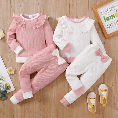 2PCS Toddler Baby Girls Ruffle Bowknot Tracksuit Tops Pants Outfits Set Clothes