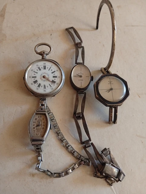 Ancienne montre gousset ag massif & or gravé Art Nouveau iris monogramme poinçon Argenté - Vendu