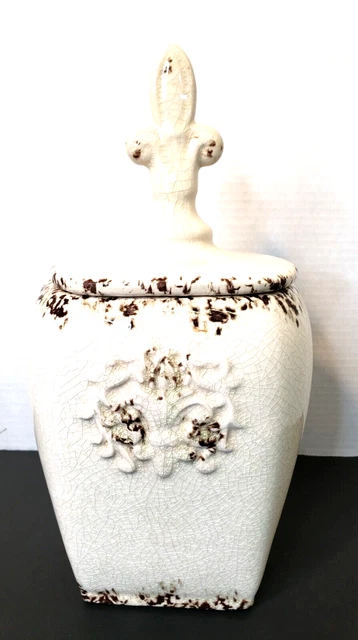 Fleur-De-Lis Distressed Cream Lidded Ceramic Jar 12 3/4" Tall
