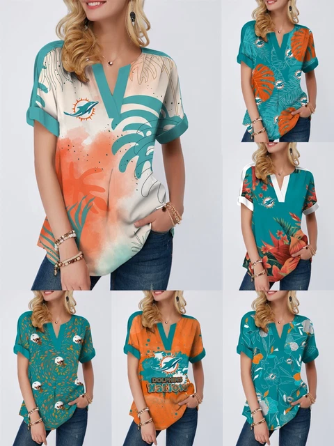 Miami Dolphins Women's V-Neck T-shirt Summer Loose Blouse Casual Tee Tops Gifts
