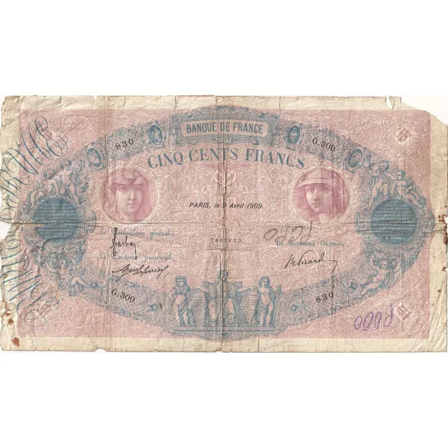 [#635468] Frankreich, 500 Francs, Bleu et Rose, 1909, G.300, Rare, GE, Fayette:3