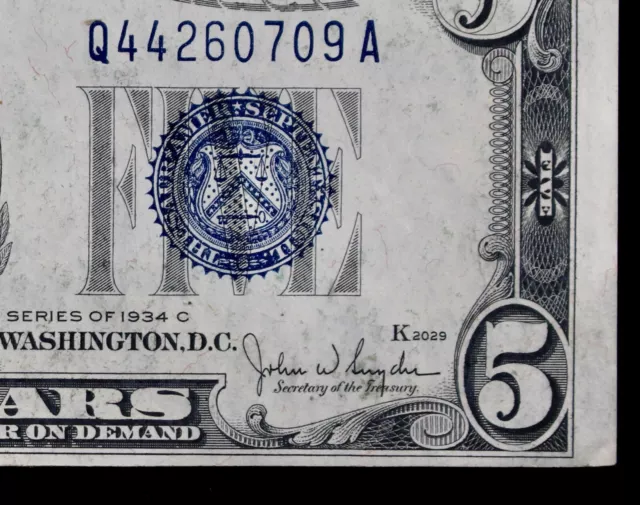 Tough $5 1934C AU NARROW fp2029 blue seal Silver Certificate Q44260709A series C