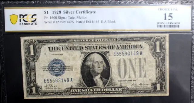 $1 1928  Silver Certificate Fr 1600 E-A Block PCGS CH FINE 15  FUNNY BACK!!
