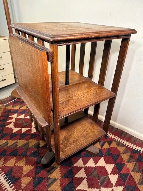 Antique c1900s Edwardian English Oak Rotating Bookcase & Side Table