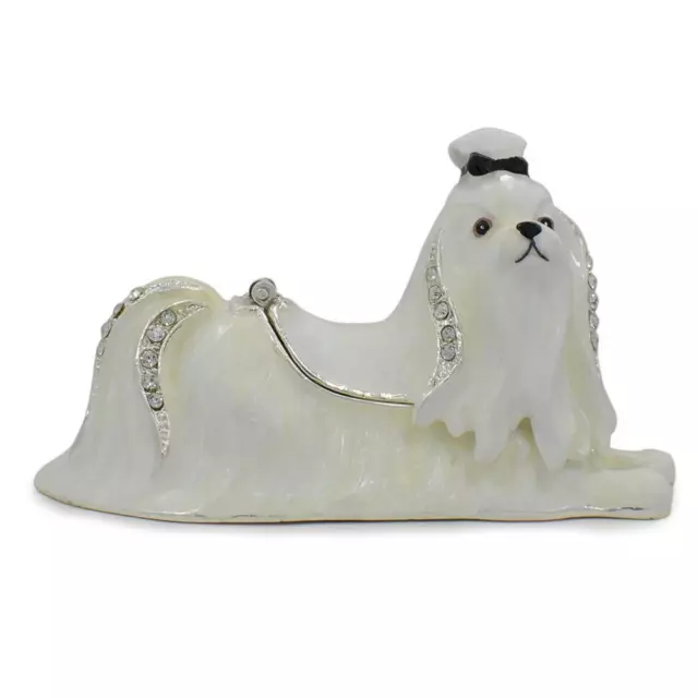 White Maltese Dog Jewelry Trinket Box Figurine