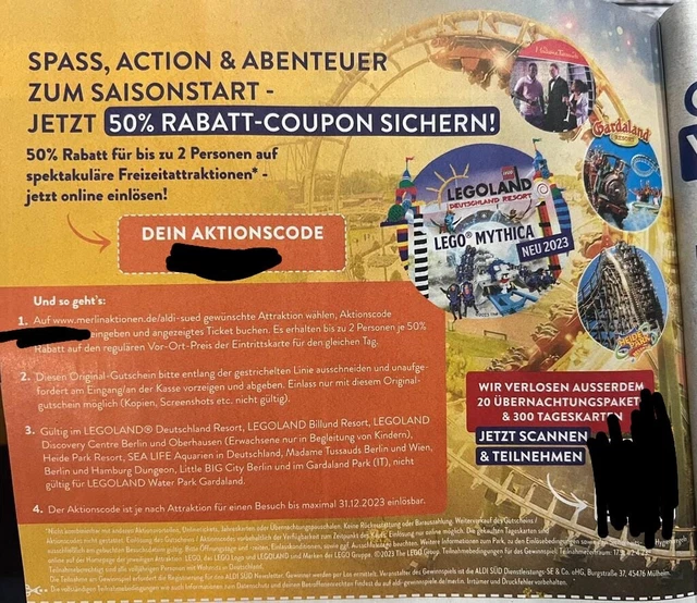 50% Rabatt Gutschein bis 31.12.23 gültig LEGOLAND , Heide Park, usw.