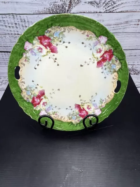 Vintage unmarked Plate 10” Floral Hand Painted Gold Trim Green Pink