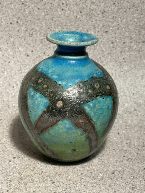 Studio pottery Raku style vase in blues