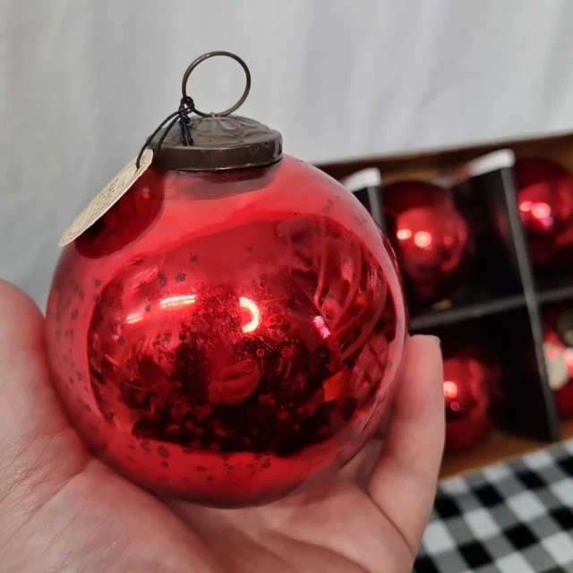 Set 6 w Tags Red 4" Large Old World Kugel-Style Glass Ornament Ragon House India