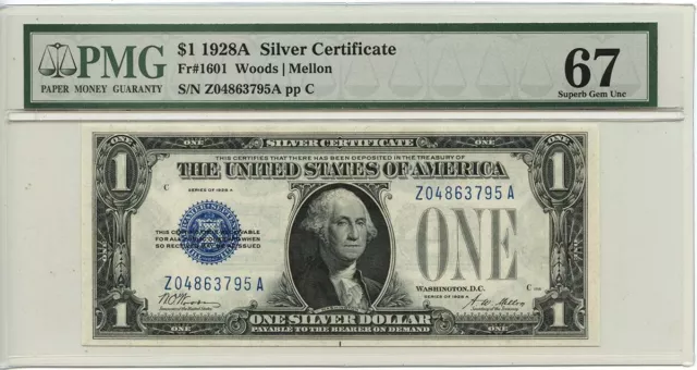 1928A $1 Silver Certificate Blue  Fr# 1601 PMG SUPERB GEM 67 EPQ