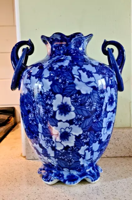 Regency Ironstone Large Blue Floral Vase with Handles