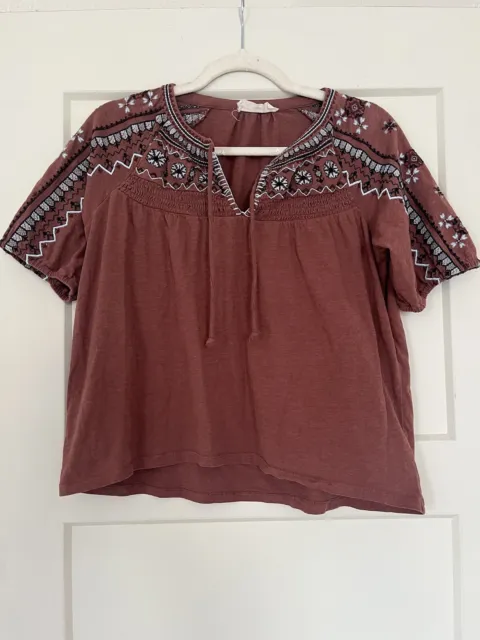 Lucky Brand Rust Cotton Embroidered Split Neck Short Sleeve Top Extra Small