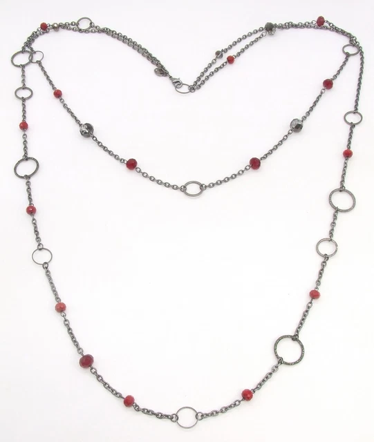 32" Charming Charlie Black Plated Multi-strand Etched Chain Red Crystal Necklace