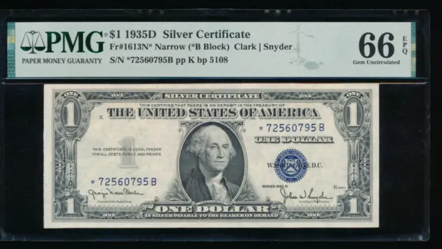 AC 1935D $1 Narrow Silver Certificate STAR PMG 66 EPQ Fr 1613N .. *-B block