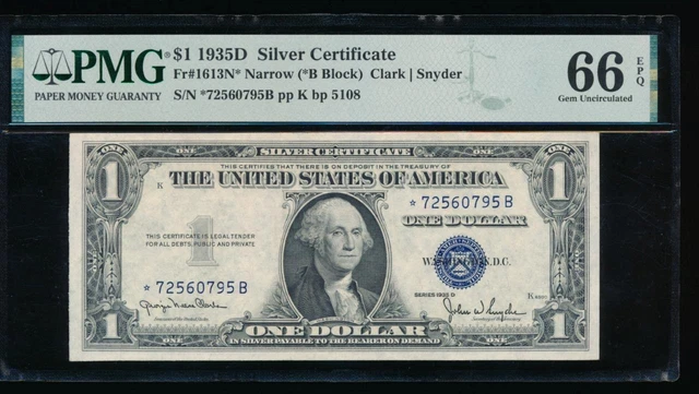 AC 1935D $1 Narrow Silver Certificate STAR PMG 66 EPQ Fr 1613N .. *-B block