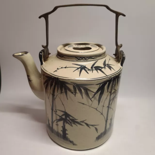 Oriental Tea Kettle Solid Brass Handle Rare Chinese Large Hand-painted Pottery